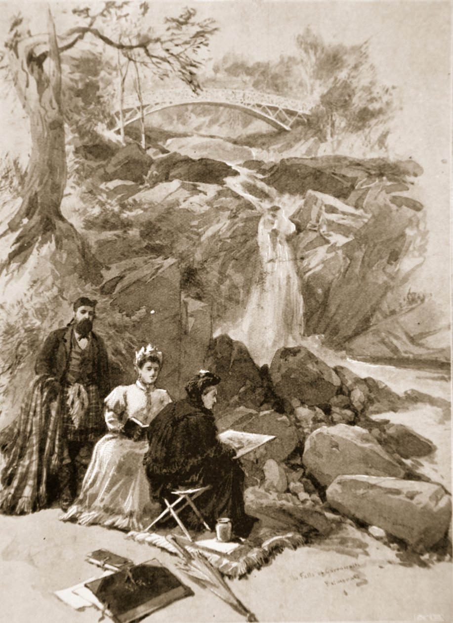 La regina Vittoria come artista: Sua Maestà che disegna le cascate di Garrawalt, Braemar da William Crimea Simpson