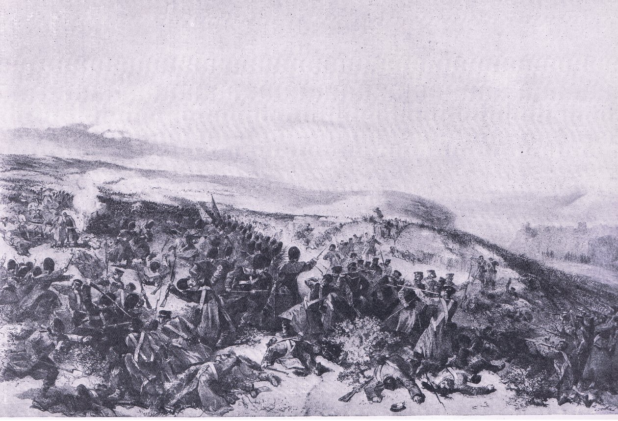 Seconda carica delle Guardie, quando ripresero le due batterie di cannoni alla Battaglia di Inkerman, illustrazione da British Battles on Land and Sea, 1915 da William Crimea Simpson