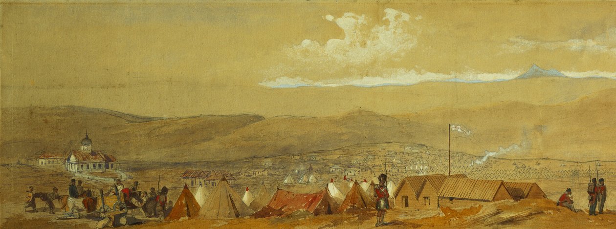 La Crimea: veduta panoramica di Sebastopoli che mostra gli accampamenti militari e il porto; e una veduta panoramica di Inkerman che mostra un accampamento militare e la cavalleria all