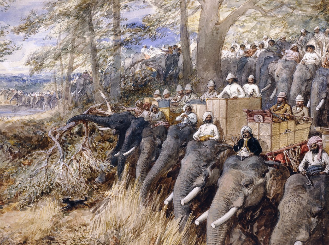 Il principe di Galles nel Terai che batte la giungla con Sir Jung Bahadur Rana, 1876 da William Crimea Simpson