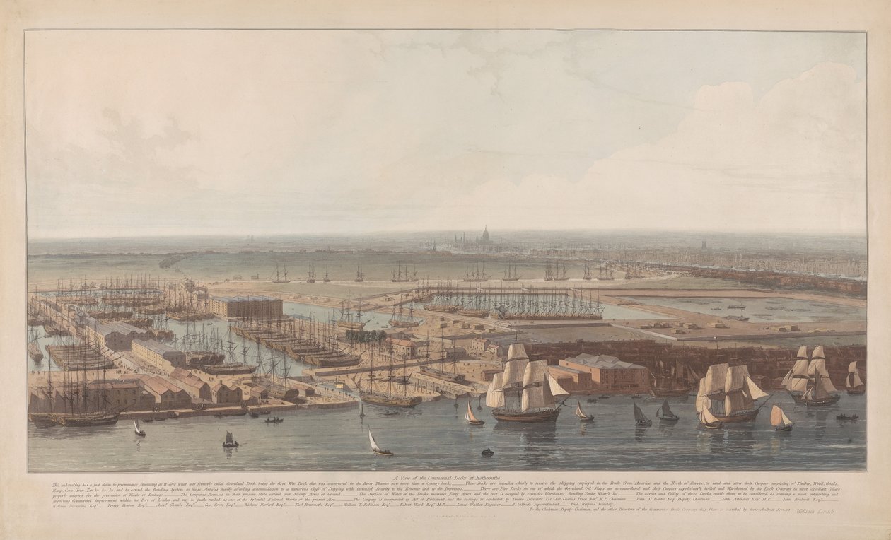 Una veduta dei moli commerciali di Rotherhithe da William Daniell