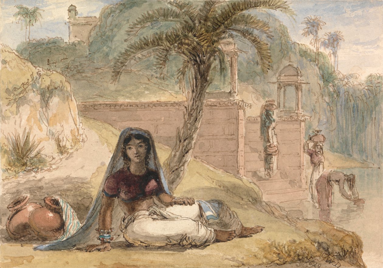 Ragazza indiana seduta vicino a un fiume da William Daniell
