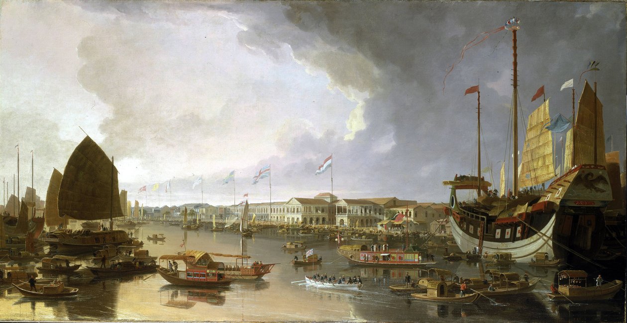 Panoramica delle fabbriche europee a Canton (Cina), con descrizioni della navigazione sul fiume Guangdong (o Fiume delle Perle) e una grande varietà di barche da William Daniell