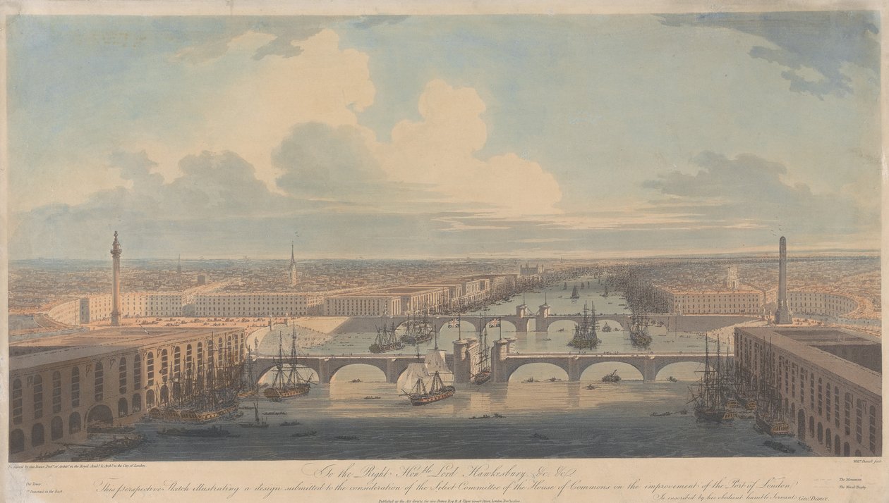 Schizzo prospettico che illustra un progetto per il miglioramento del porto di Londra da William Daniell