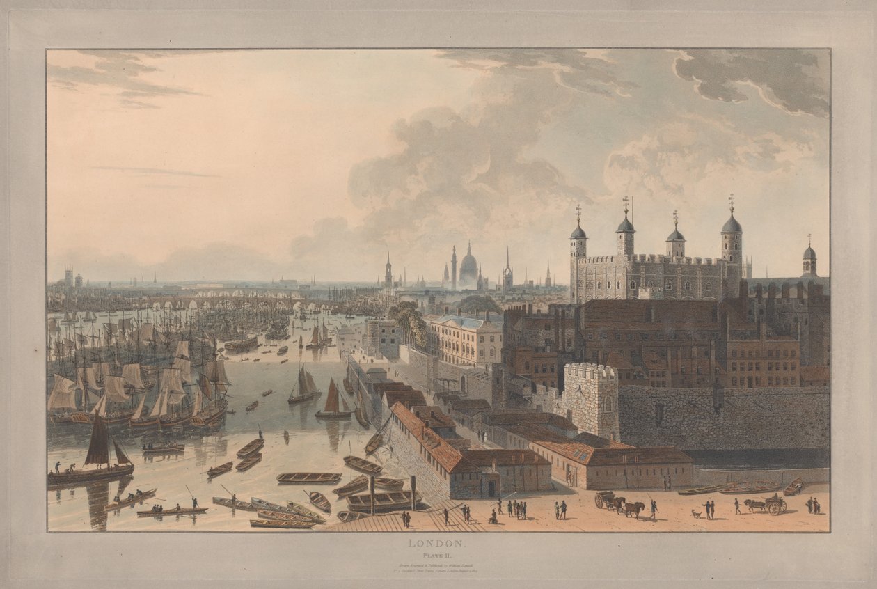 Tavola II: Londra, il Pool e la Torre (tratta da *Six Views of London* di William Daniell; lato del Tamigi) da William Daniell