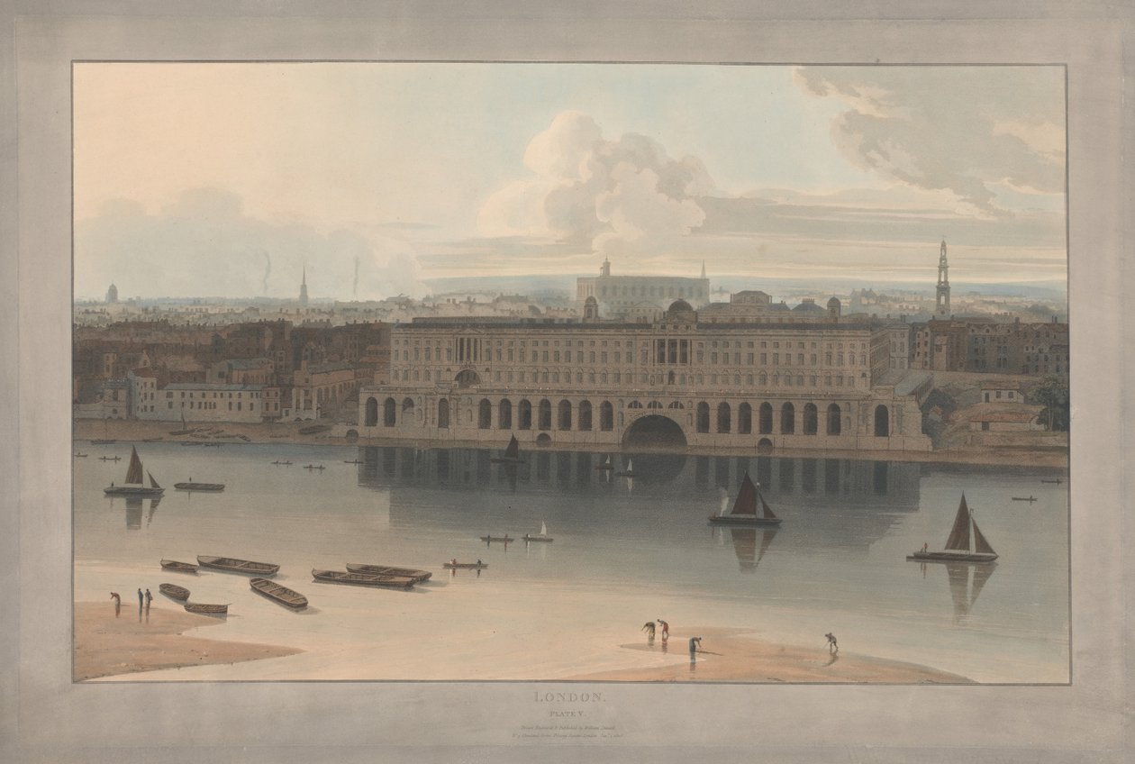 Tavola V: Londra, Somerset House (tratta da *Six Views of London* di William Daniell; lato del Tamigi) da William Daniell