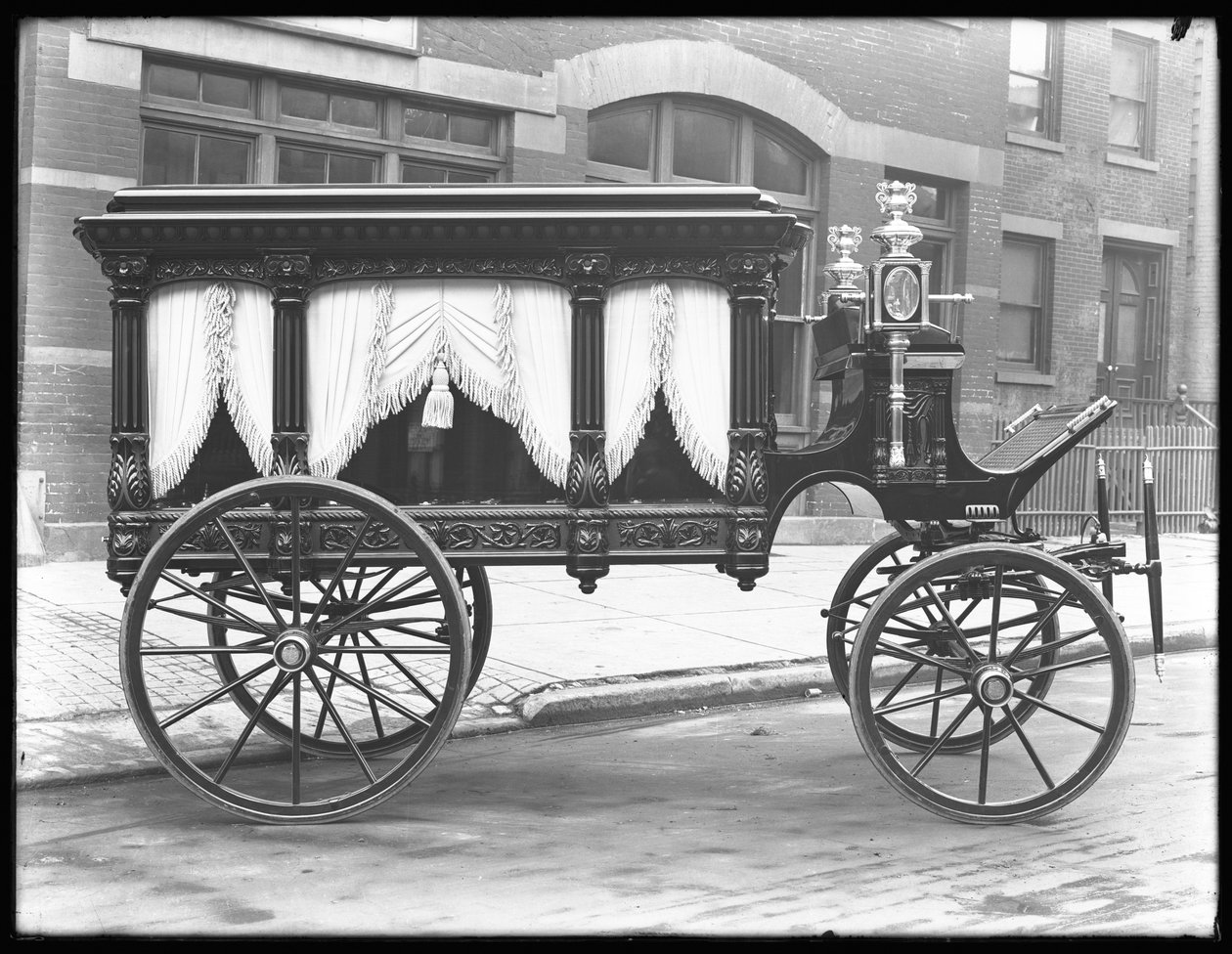 Carro funebre trainato da cavalli appartenente a F.S. York, parcheggiato in W. 145th Street (o E. 145th Street), New York City, 1 dicembre 1914 da William Davis Hassler