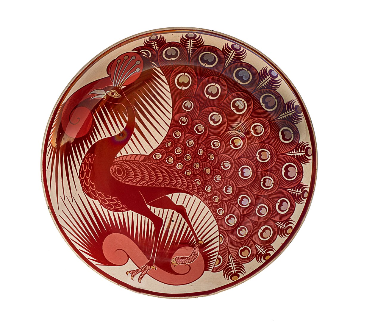 Piatto di pavone rosso lustro da William de Morgan