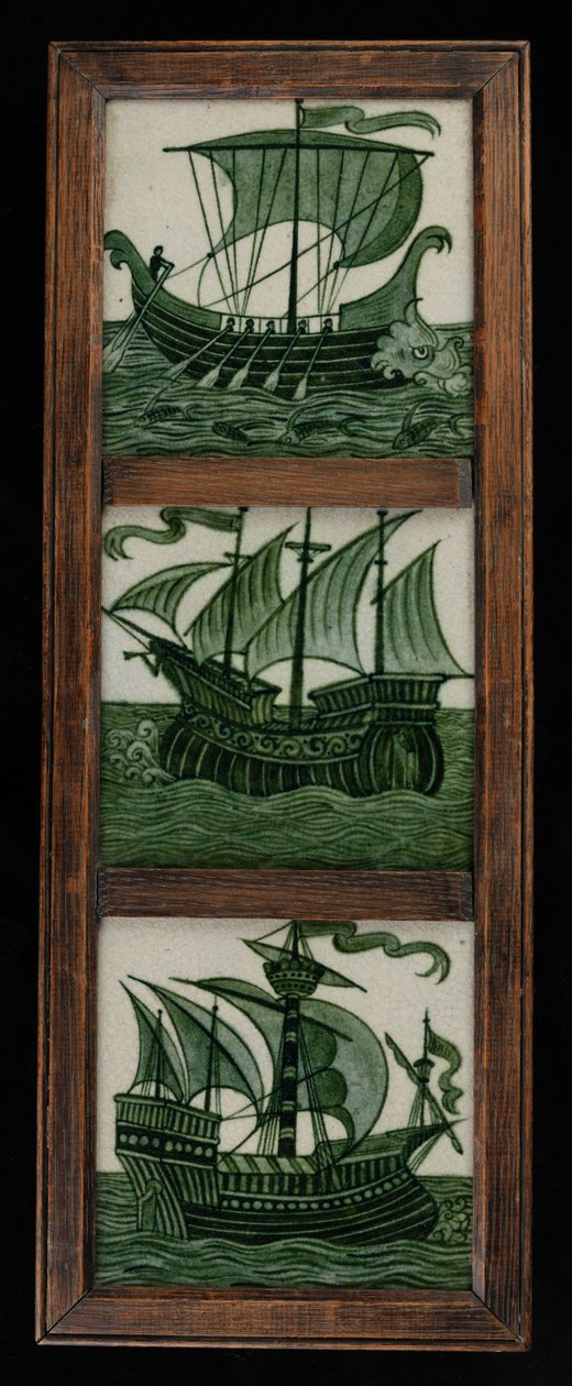 Pannello di piastrelle di navi a vela, in cornice, c.1865-80 da William de Morgan