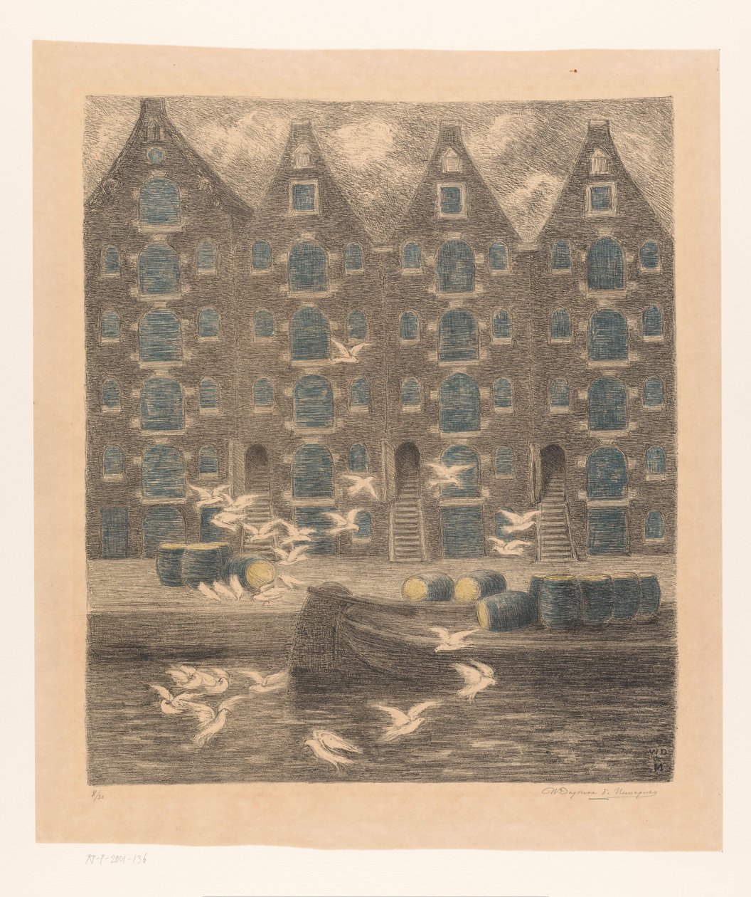 Magazzini sul Brouwersgracht ad Amsterdam da William Degouve de Nuncques (signed by artist)