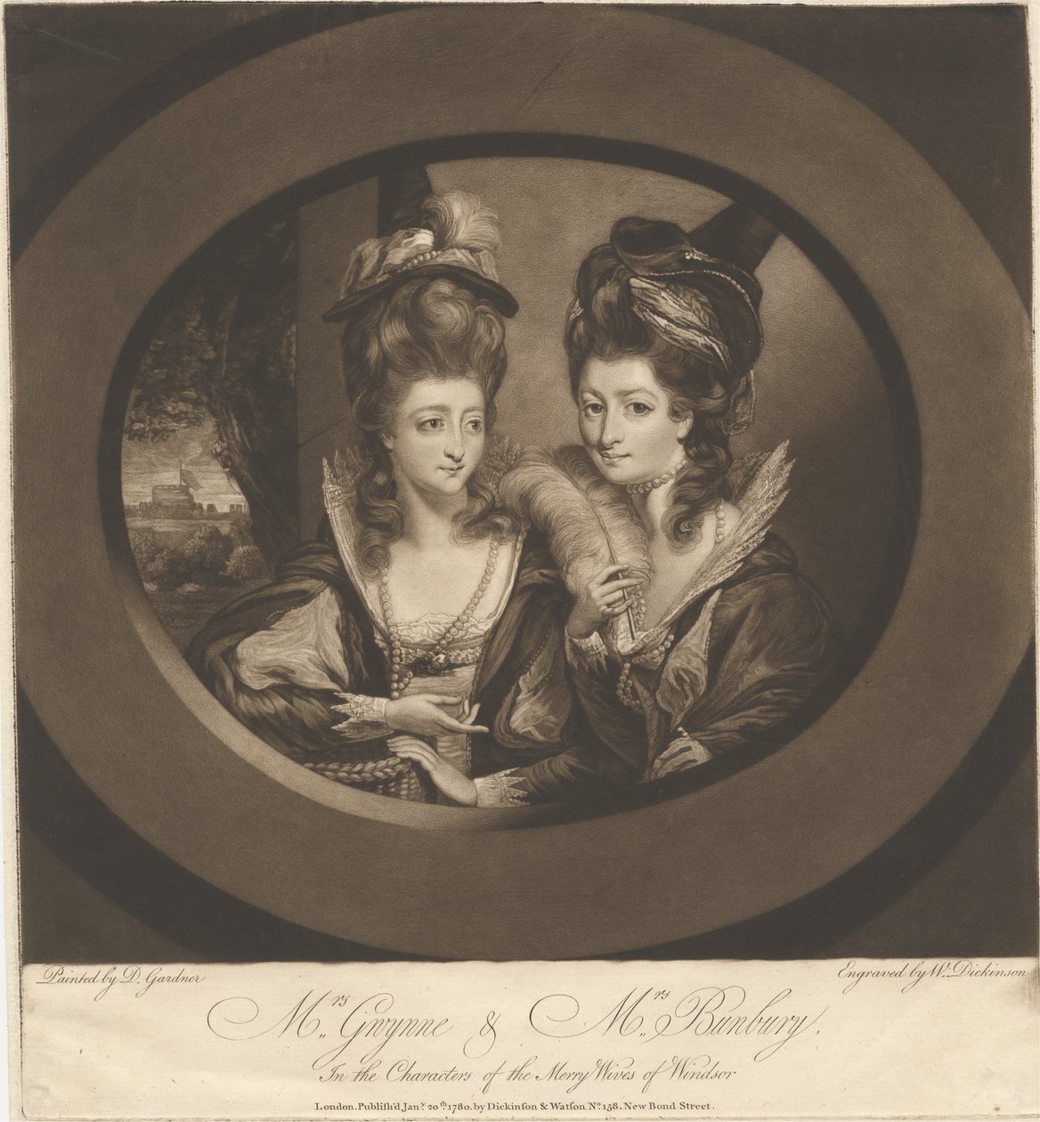 Mrs. Gwynne e Mrs. Bunbury nei personaggi delle Allegre Comari di Windsor da William Dickinson