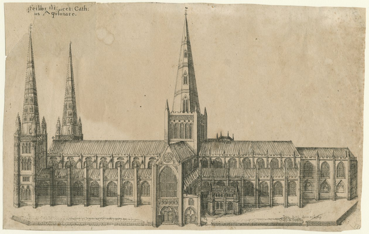 Cattedrale di Lichfield - Vista sud: incisione su rame, nd [?metà XVII secolo] da William Dugdale