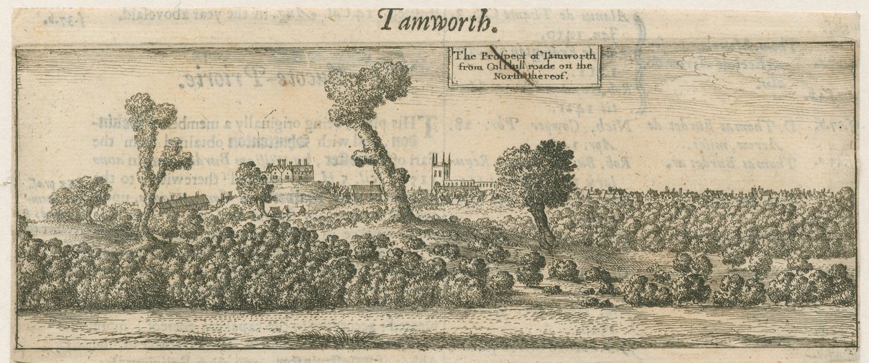 Tamworth - Panorama: incisione su rame, XVII secolo da William Dugdale