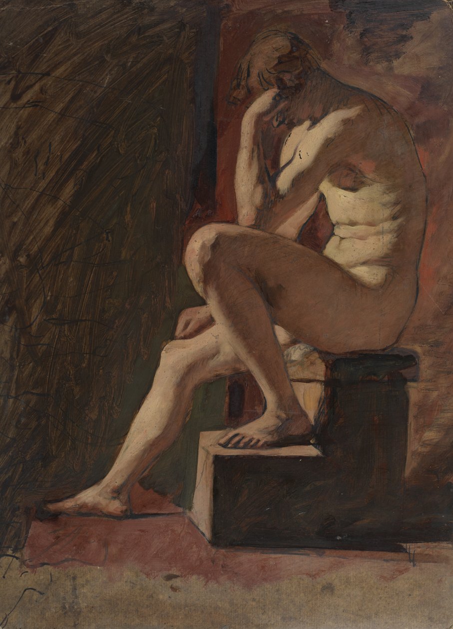 Nudo maschile seduto, testa appoggiata alla mano, piede sinistro appoggiato su un blocco da William Etty