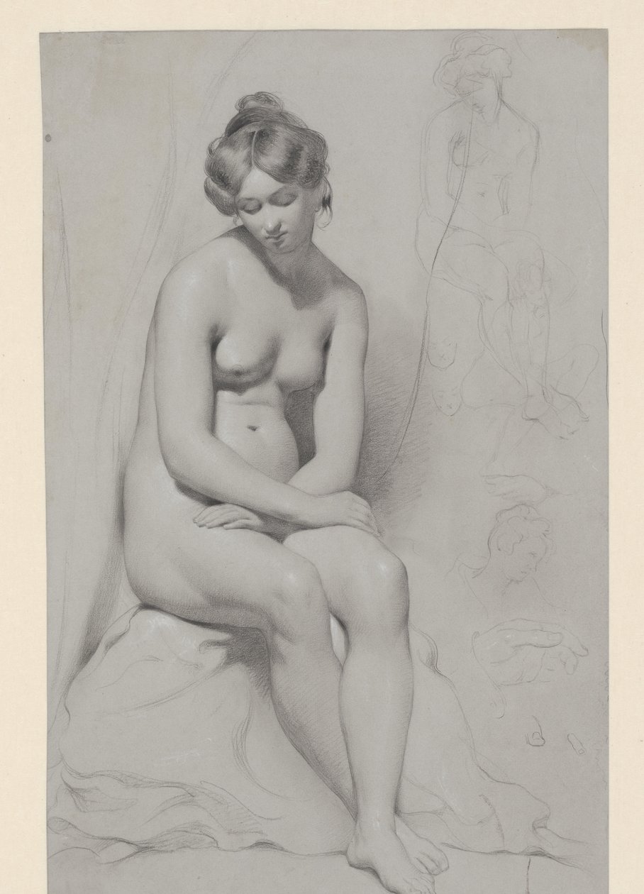 Modello femminile nudo seduto con acconciatura alta, disegnato di nuovo accanto da William Etty