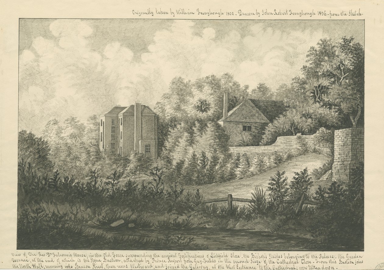 Cattedrale di Lichfield Close - Casa del Dr. Falconer: disegno a penna e inchiostro, 1800 da William Fernyhough