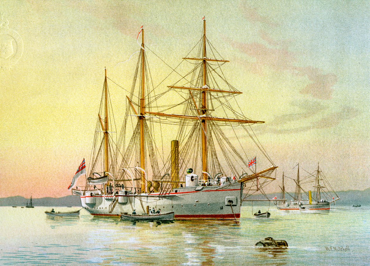 HMS Bramble, cannoniera di 1ª classe della Royal Navy, c1890-c1893 da William Frederick Mitchell