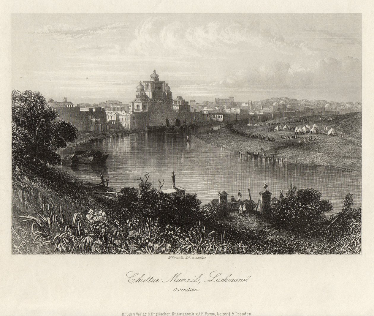 Vista generale, attraverso il Gomati, Chuttur Munzil, Lucknow. da William French