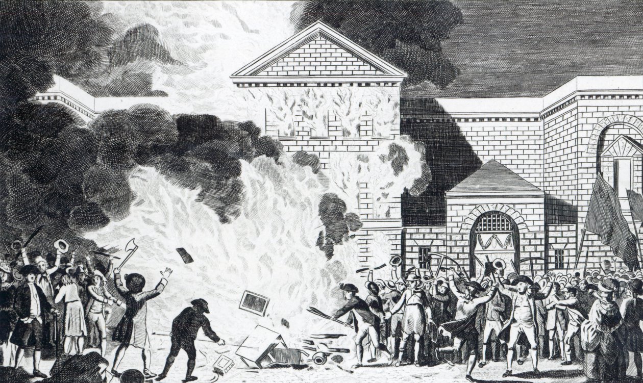 Le devastazioni causate dai rivoltosi di Londra che incendiano la nuova prigione di Newgate e bruciano i mobili del signor Akerman, 6 giugno 1780, inciso da T. Thornton da William Hamilton