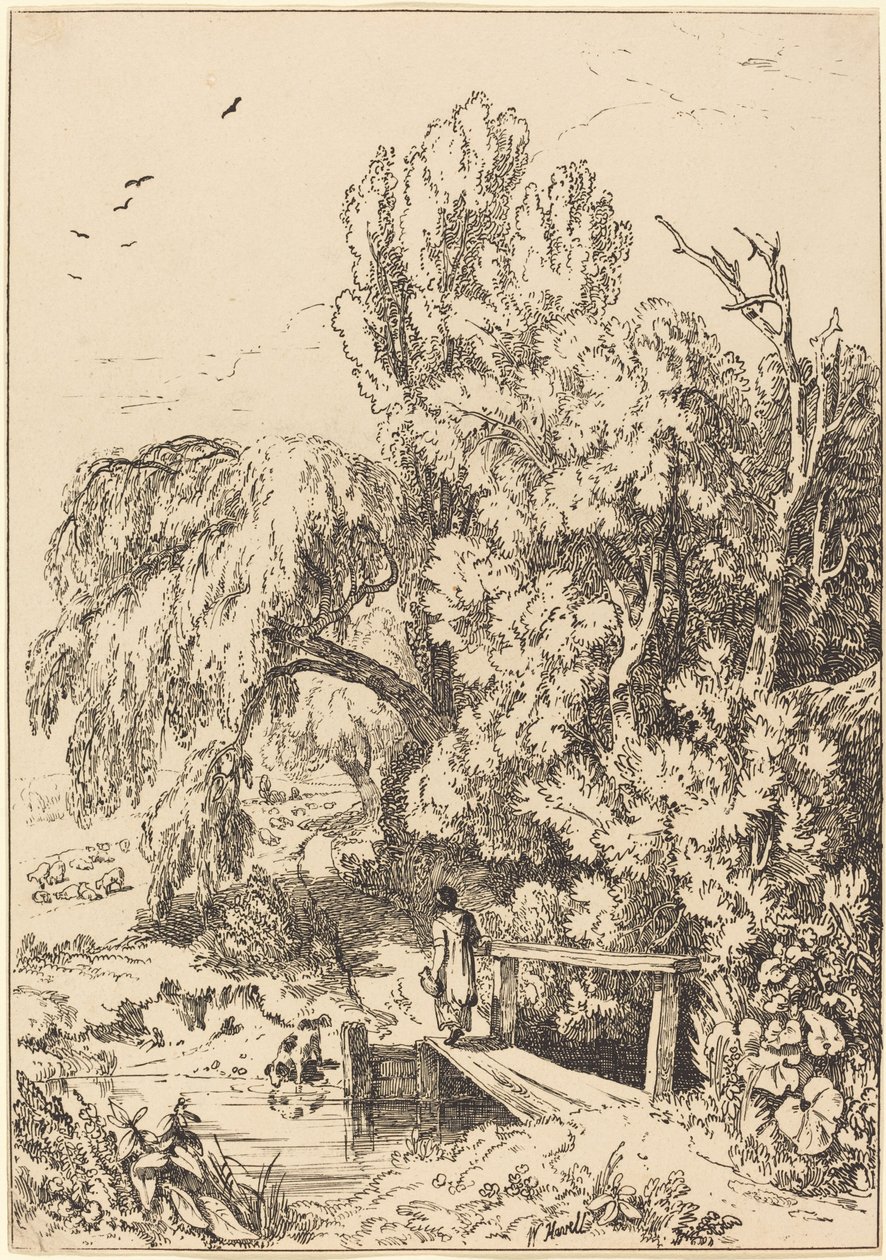 Paesaggio con alberi, ragazza che attraversa il ponte pedonale da William Havell