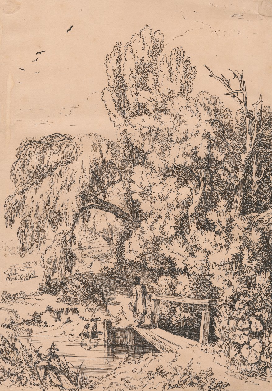 Paesaggio con alberi, ragazza che attraversa un ponte pedonale da William Havell