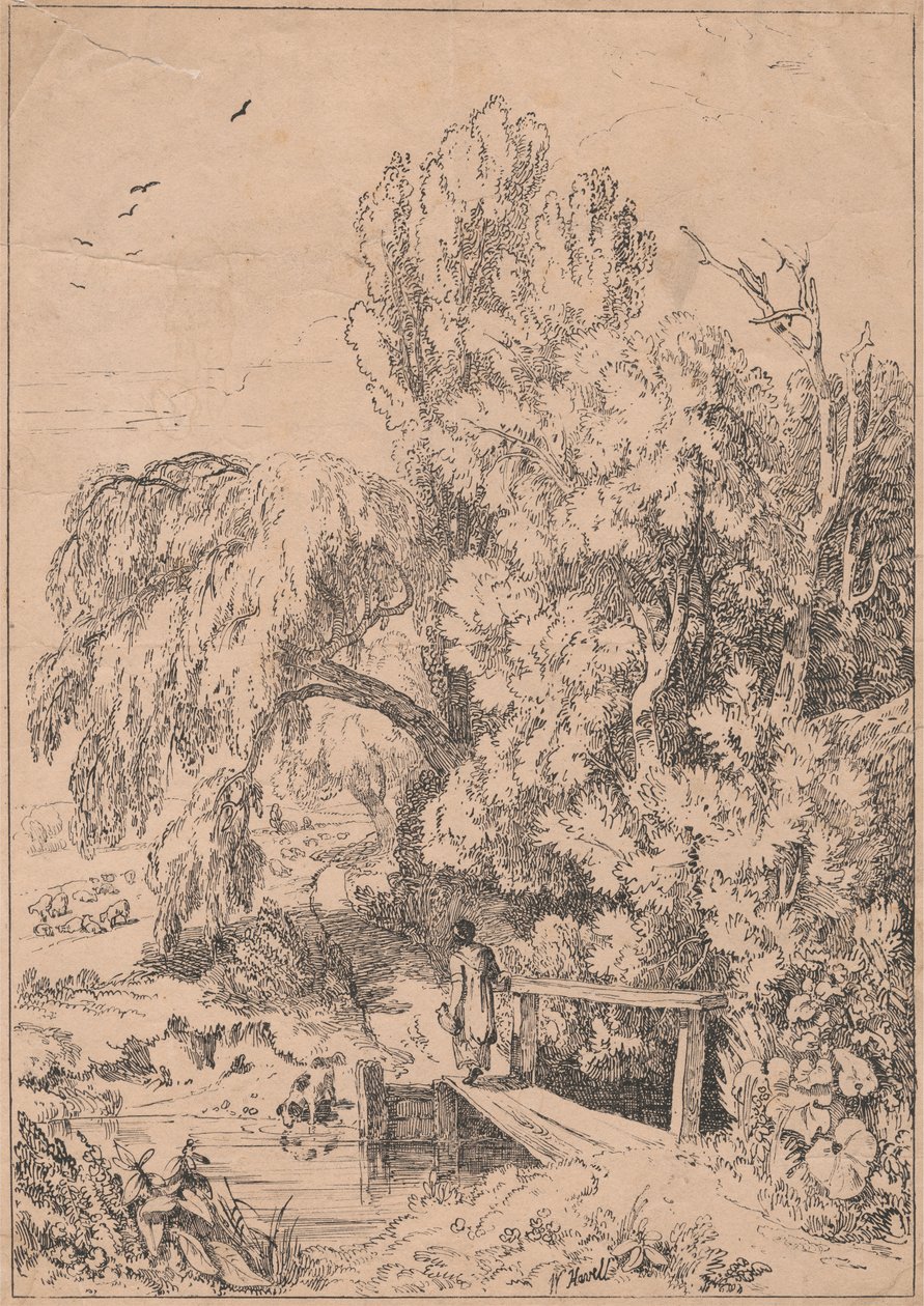 Paesaggio con alberi, ragazze che attraversano un ponte pedonale da William Havell