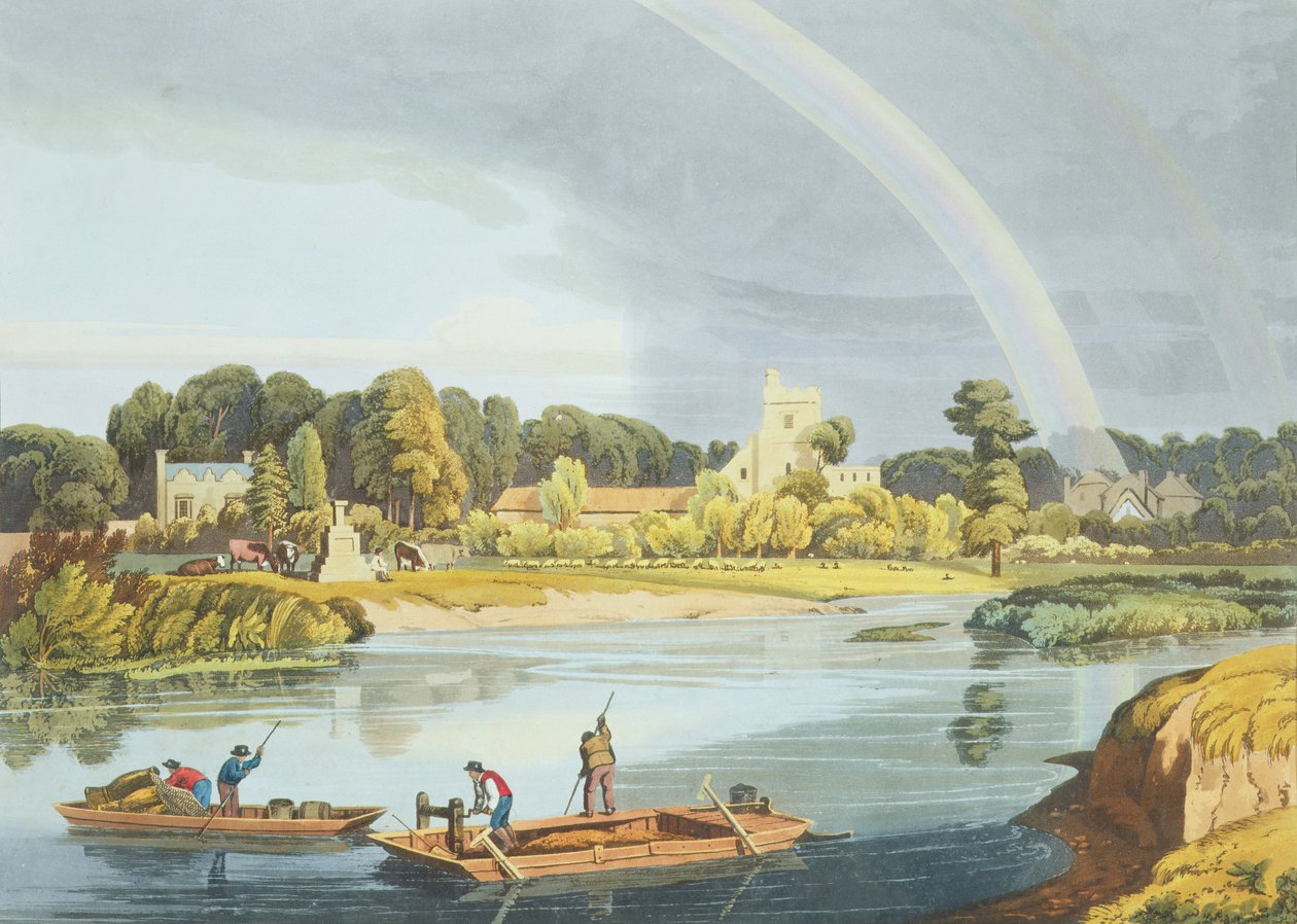Chiesa di Staines con pietra della città sulle rive del fiume, inciso da Robert Havell il Giovane, pubblicato nel 1818 da William Havell