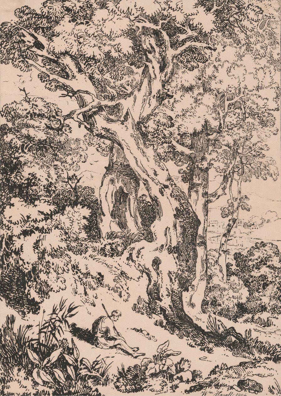 Studio di alberi e cespugli con figura maschile seduta da William Havell