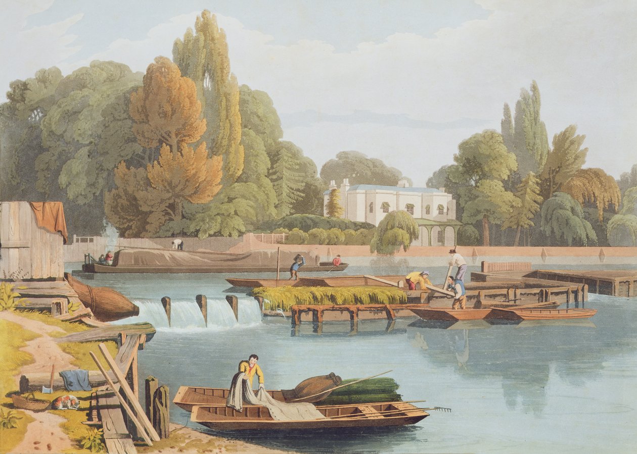 La diga, dal ponte di Marlow, inciso da Robert Havell il Giovane, pubblicato 1818 da William Havell