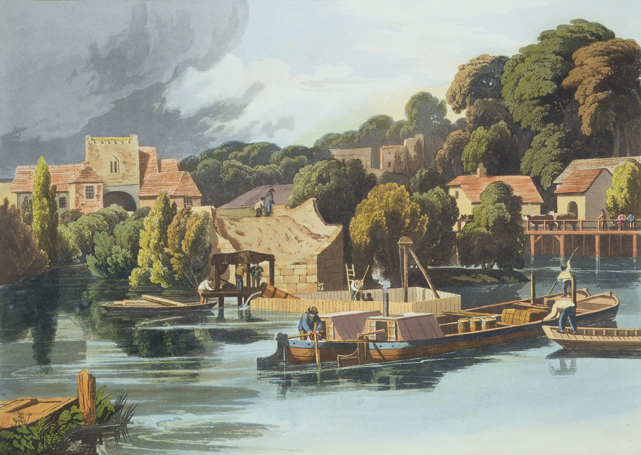 Castello di Wallingford nel 1810 durante le riparazioni del ponte, inciso da Robert Havell il Giovane, pubblicato nel 1818 da William Havell