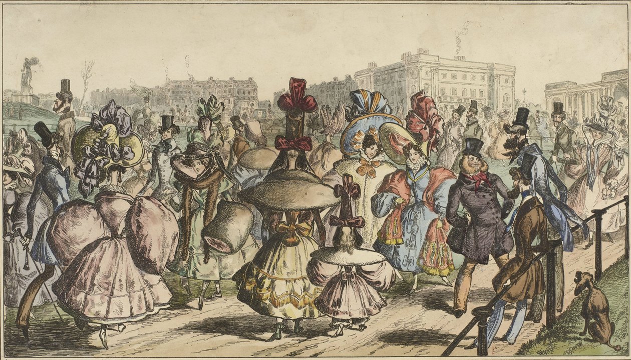 Uomini e donne in abiti appariscenti passeggiano in un parco in città da William Heath