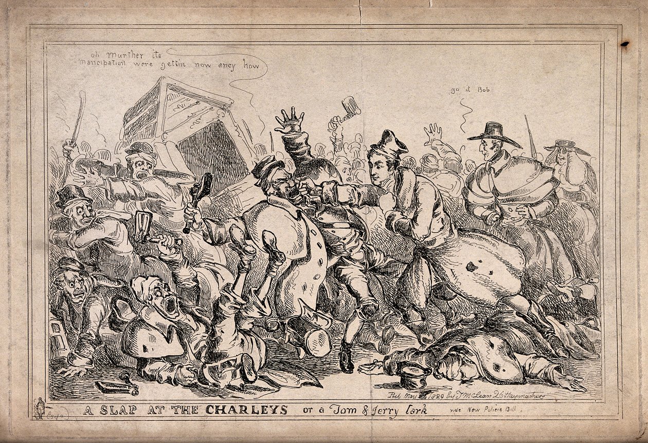 Robert Peel nei panni di un pugile che aggredisce le guardie notturne con l’intenzione di sostituirle con le forze di polizia. Incisione di Paul Pry (W. Heath). da William Heath