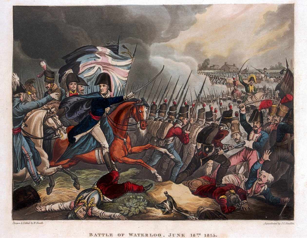 Il Duca di Wellington (1769-1852) con truppe in avanzamento alla Battaglia di Waterloo, illustrazione da un poema narrativo del Dr. Syntax, 1818 da William Heath
