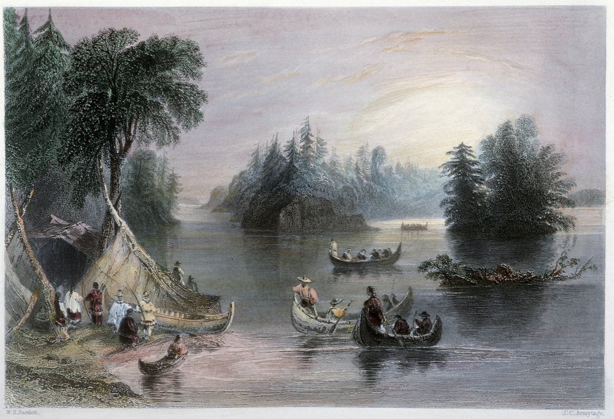 Tipi e canoe indiani, rive del San Lorenzo - in "Canadian scenery illustrated" di W.H. Bartlett, Londra da William Henry Bartlett