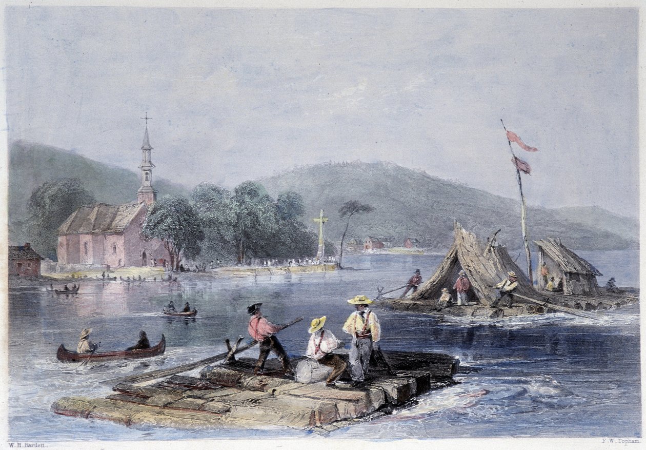 Zattere dei coloni e trasporto di legname sul Lago delle due montagne - in "Canadian scenery illustrated" di Bartlett W. H. da William Henry Bartlett