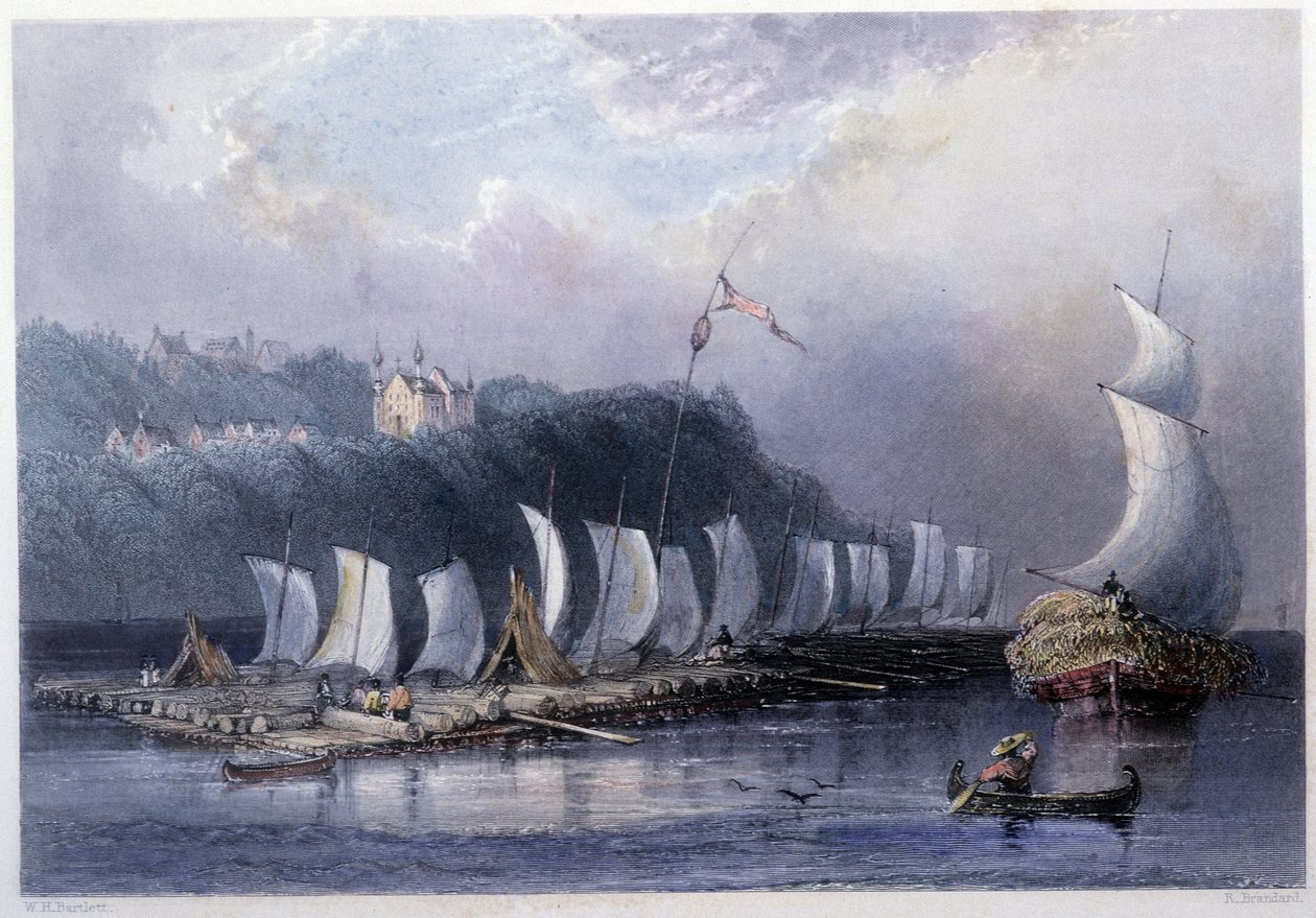 Trasporto del legname sul St Laurent a Cap Santé - in "Canadian scenery illustrated" di Bartlett W. H. da William Henry Bartlett