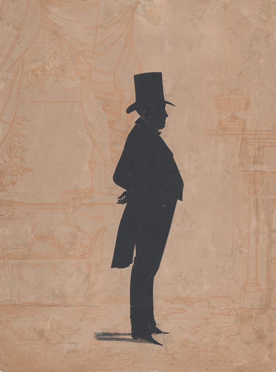Silhouette di un uomo sconosciuto con cilindro e frac, 1828-83 da William Henry Brown