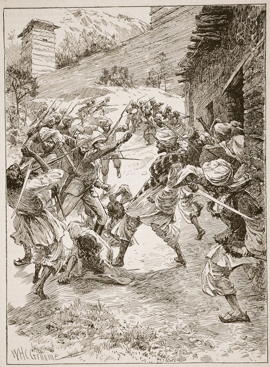 Il Tenente Harley, alla testa di quaranta Sikh e sessanta Kashmiris, assaltò la casa sopra la bocca della miniera, illustrazione da 