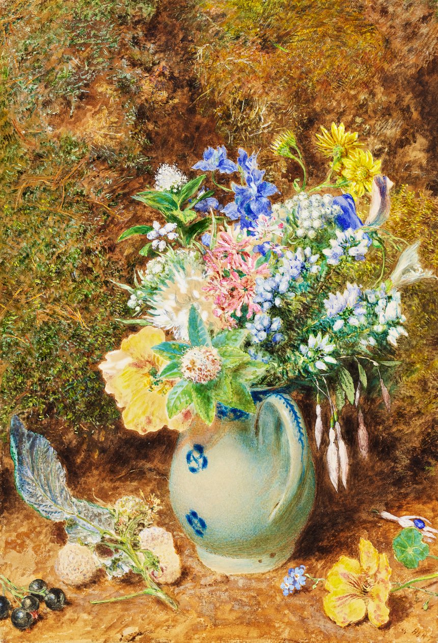 Brocca di porcellana azzurra con eriche e piccoli fiori, c.1860 da William Henry Hunt