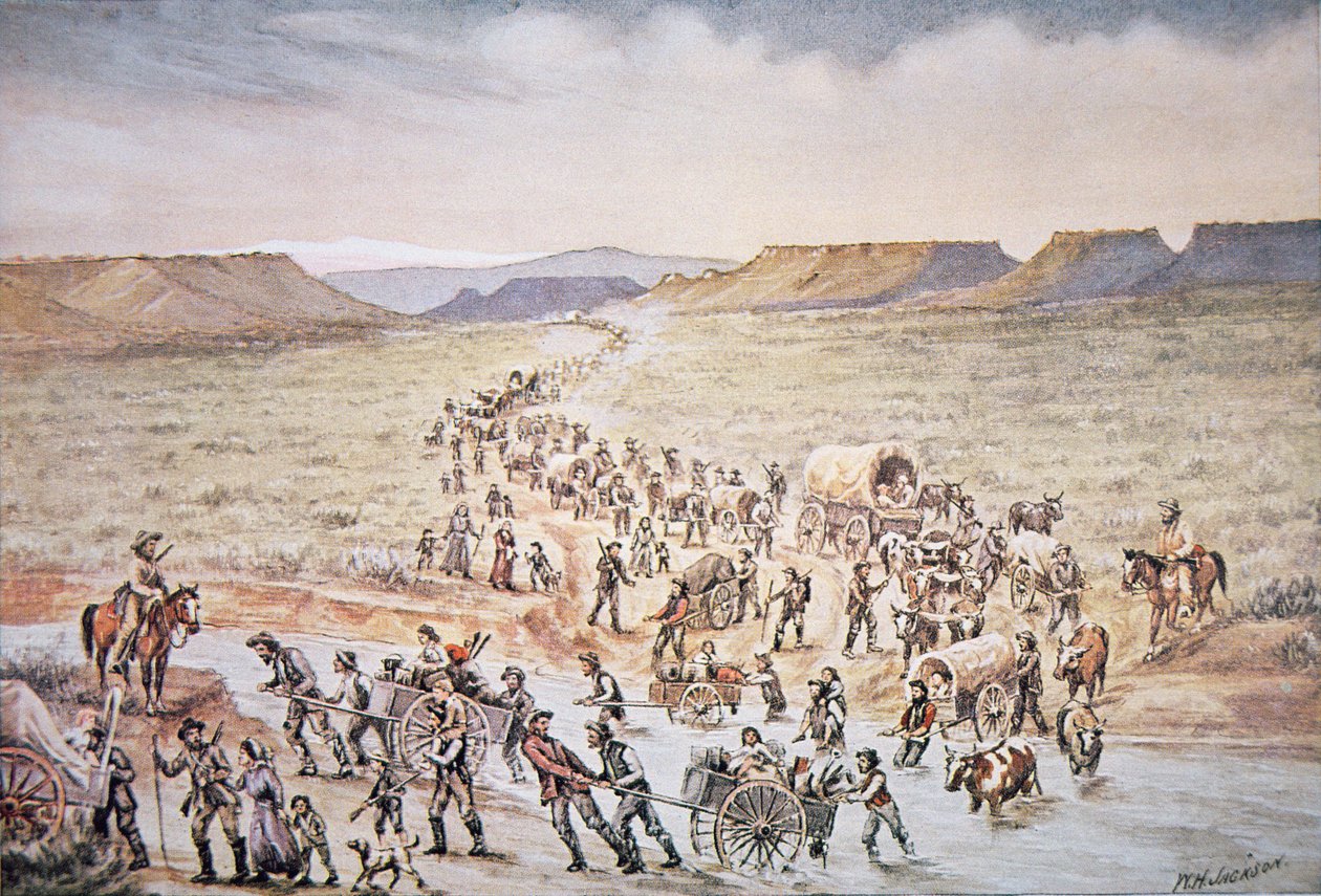 Pionieri mormoni con carretti a mano diretti a ovest verso lo Utah nel 1850 da William Henry Jackson
