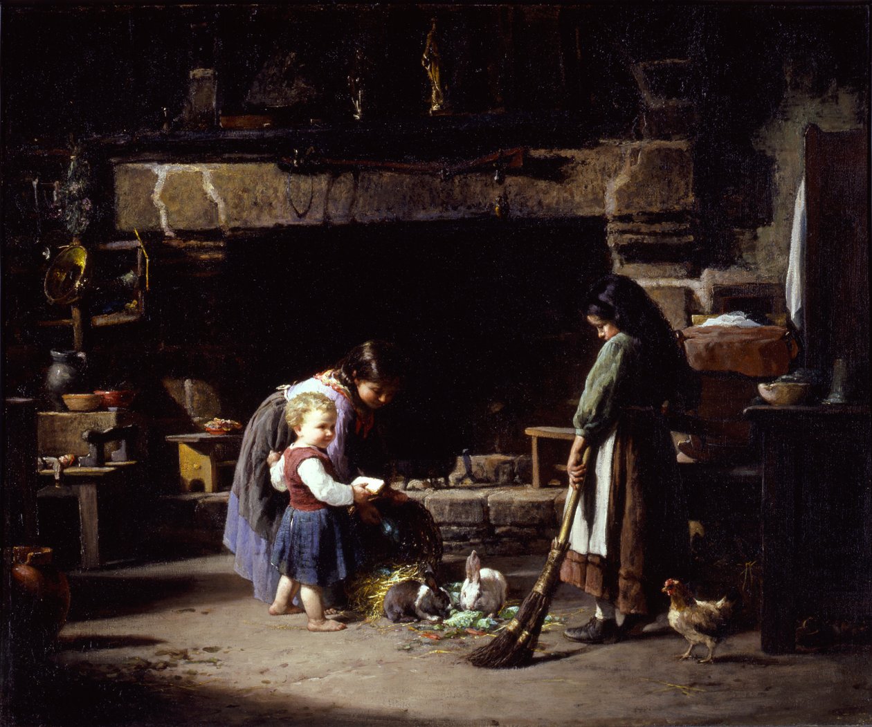 Interno di fattoria: Bambini bretoni che danno da mangiare ai conigli da William Henry Lippincott