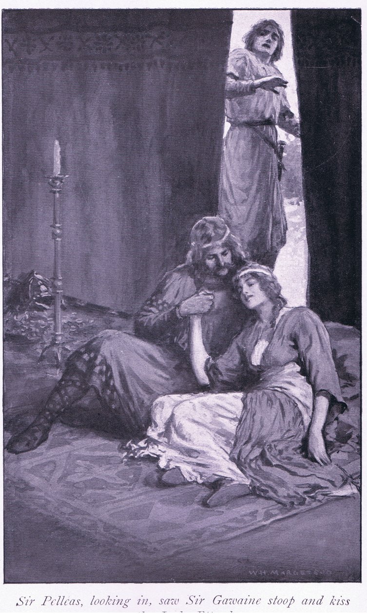 Sir Pelleas, guardando dentro, vide Sir Gawaine chinarsi e baciare la signora Ettard da William Henry Margetson