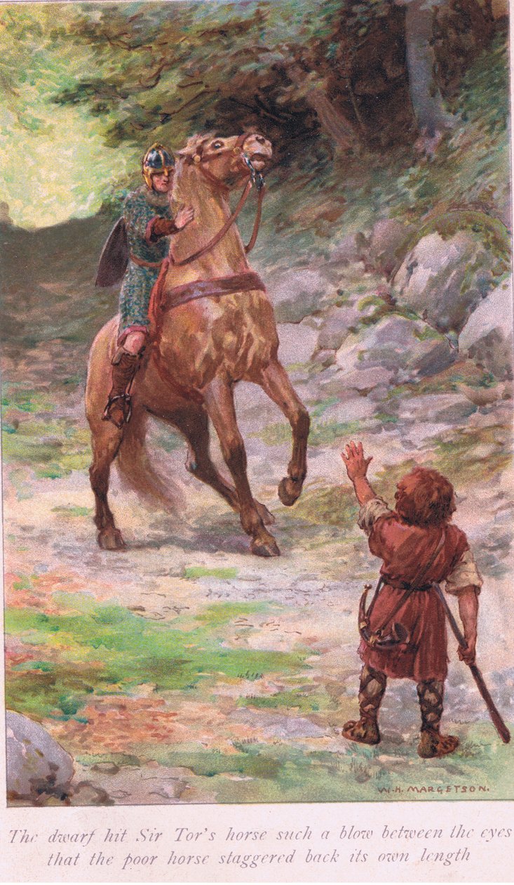 Il nano colpì il cavallo di Sir Tor con un tale colpo tra gli occhi che il povero cavallo indietreggiò di tutta la sua lunghezza da William Henry Margetson
