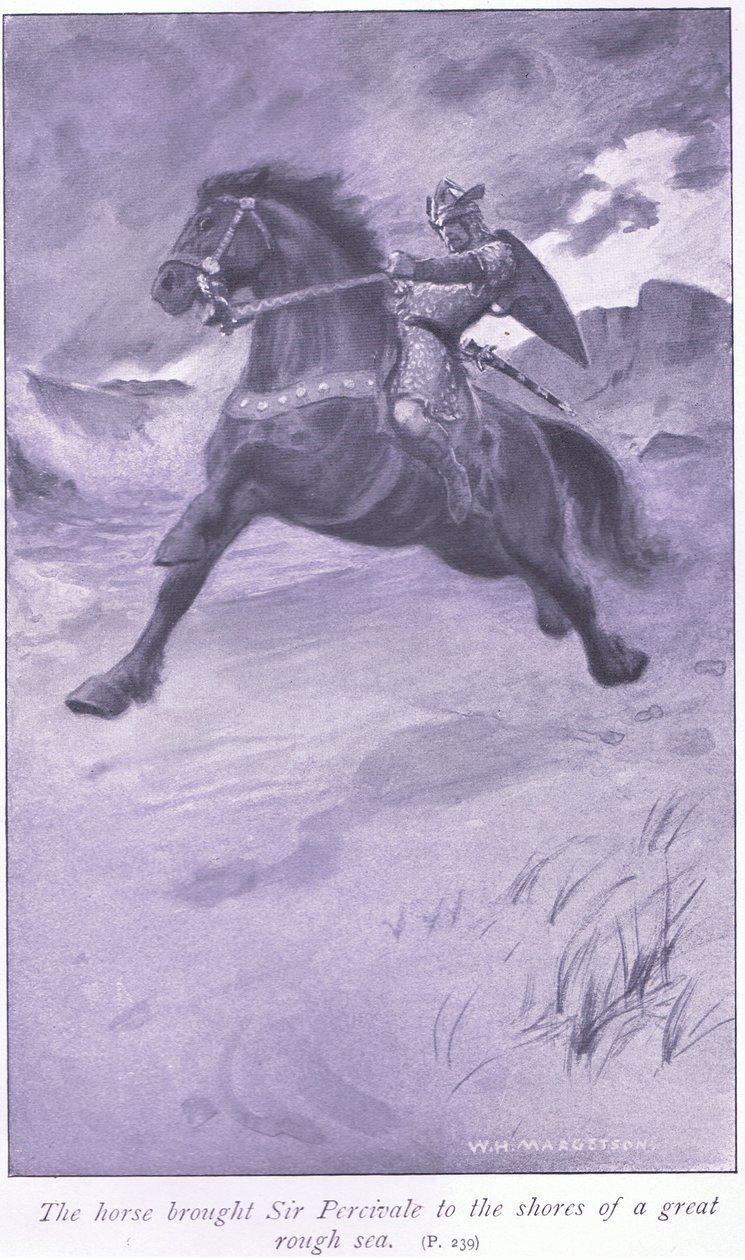 Il cavallo portò Sir Percivale sulle rive di un grande mare agitato da William Henry Margetson