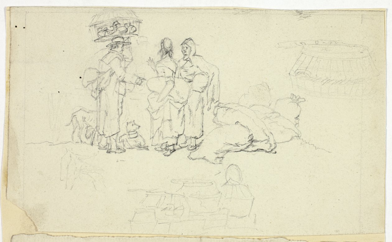 Figure con merci di mercato e tre schizzi da William Henry Pyne