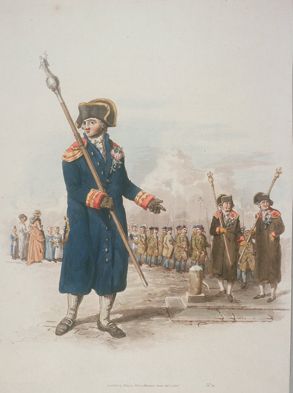 Beadle parrocchiale in costume civico con bastone, 1805 da William Henry Pyne