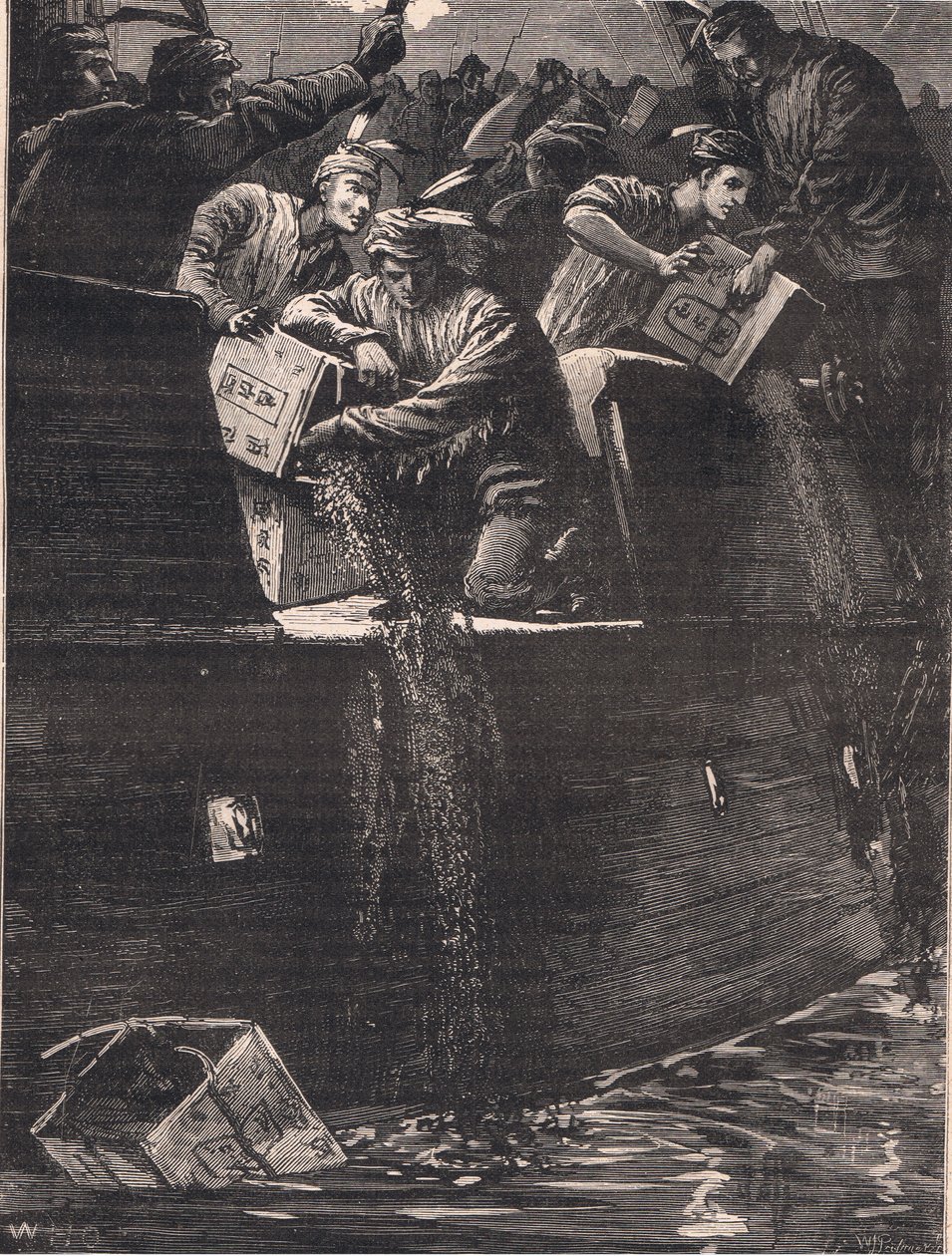 I ragazzi di Boston travestiti da indiani gettano le casse di tè nel porto AD 1773 da William Heysham Overend