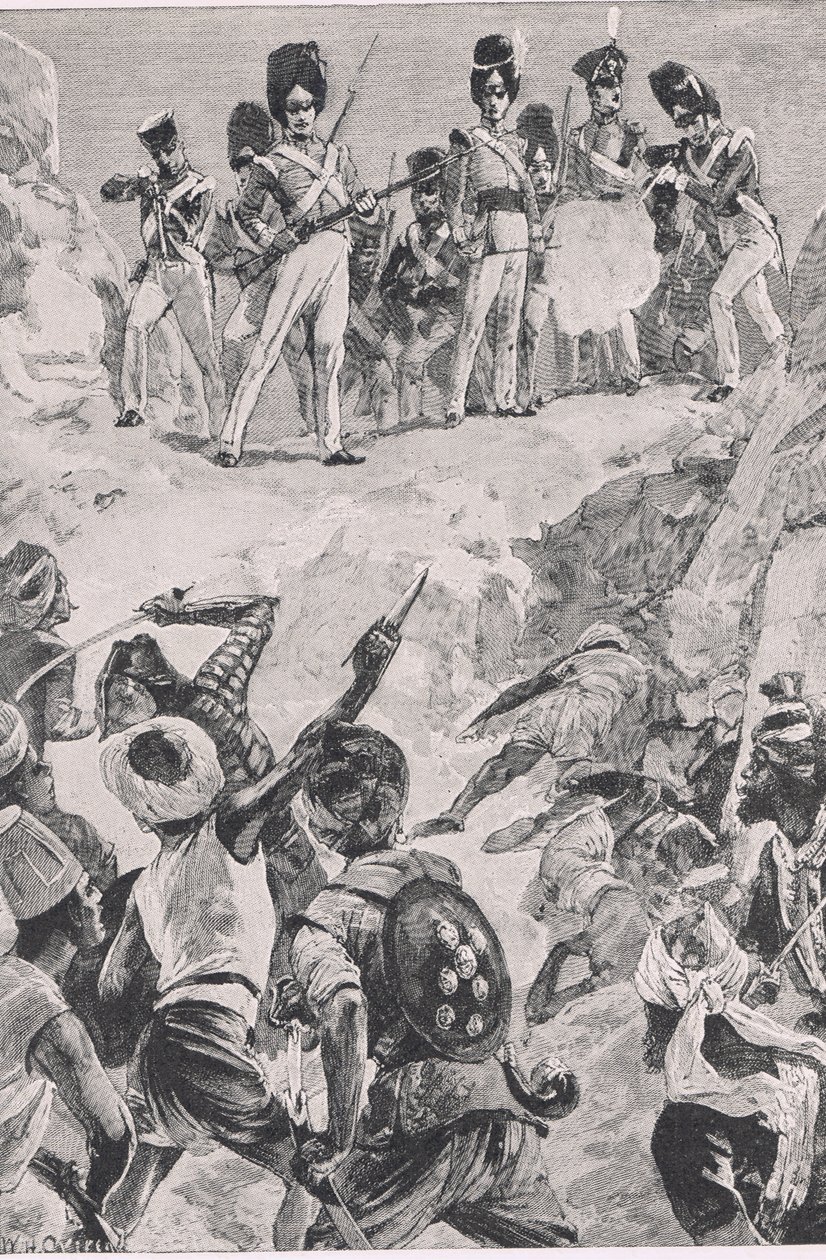 I seguaci di Carmichael sparano una raffica nella densa folla di uomini: Battaglia di Bharatpur 1826, illustrazione da British Battles on Land and Sea, 1915 da William Heysham Overend