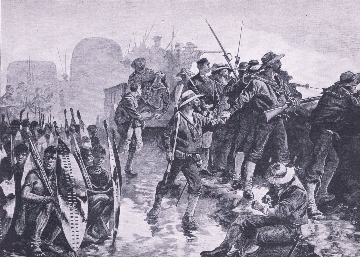 Difesa di un laager contro un attacco Zulu, illustrazione da British Battles on Land and Sea, 1915 da William Heysham Overend