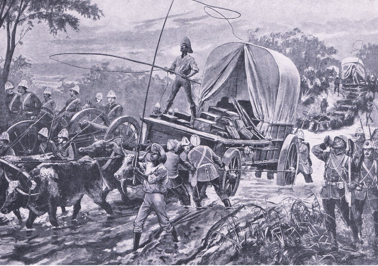 Guerra Zulu: La forza di soccorso di Estowe attraversa un torrente, aprile 1879, illustrazione da British Battles on Land and Sea, 1915 da William Heysham Overend